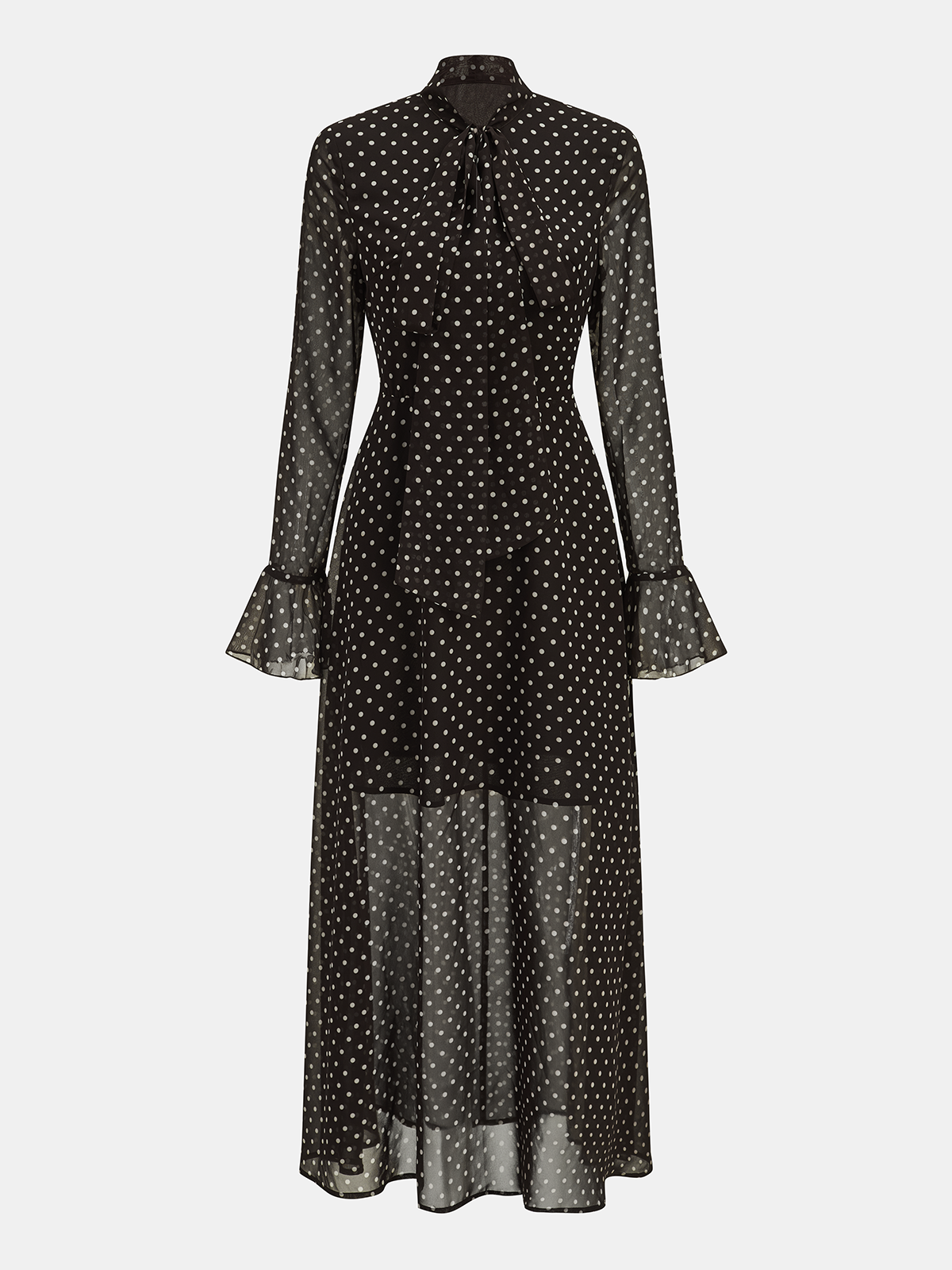 Polka Dot Chiffon Tie-Neck Flared Cuff Maxi Dress