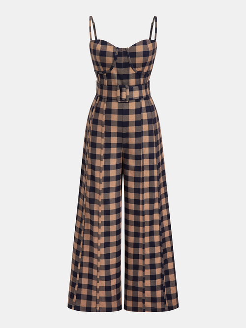 Plaid Belted Wide-Leg Cami Jumpsuit