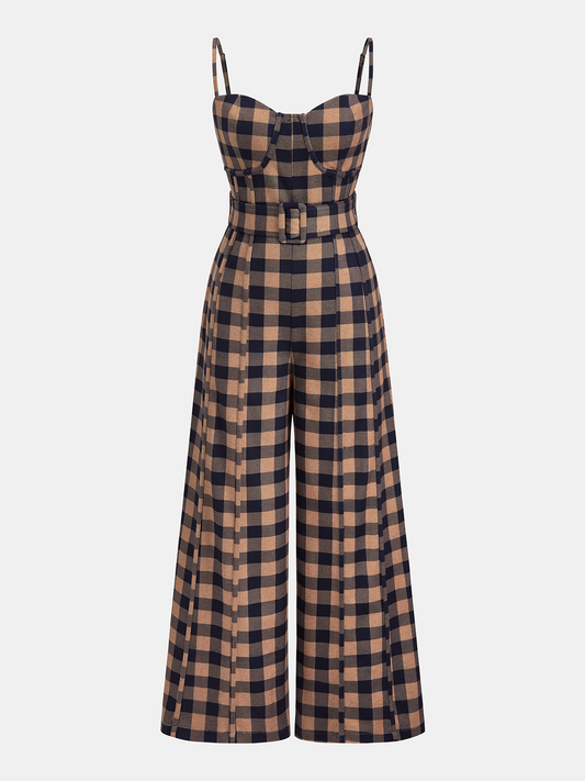 Plaid Belted Wide-Leg Cami Jumpsuit
