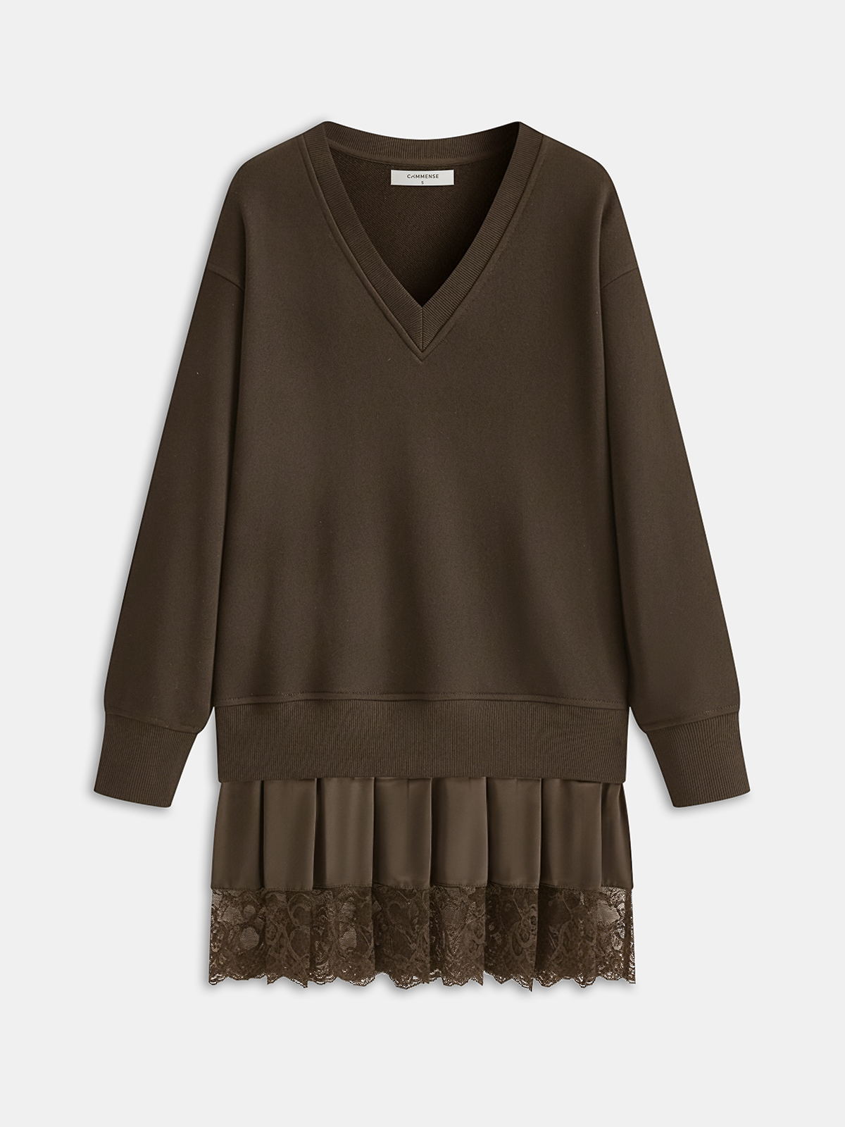 Pleated Hem Lace-Trimmed Sweatshirt Dress
