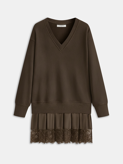 Pleated Hem Lace-Trimmed Sweatshirt Dress