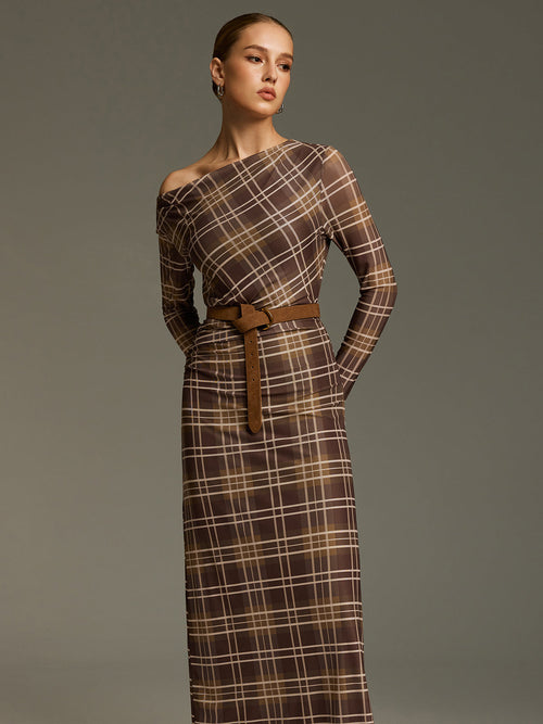 Plaid Mesh Off-Shoulder Maxi Dress without Belt