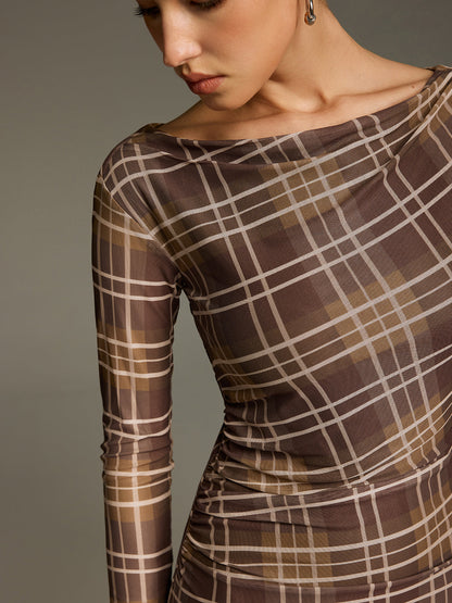 Plaid Mesh Off-Shoulder Maxi Dress without Belt