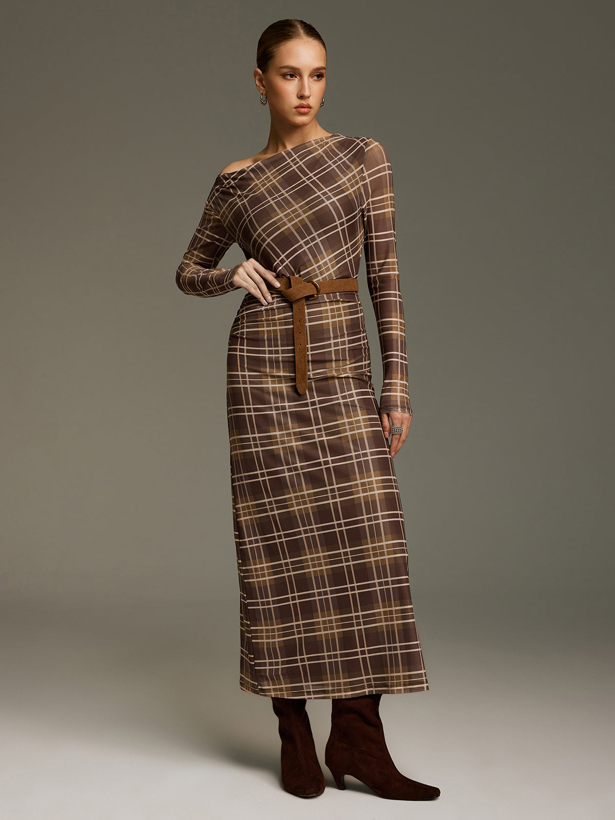 Plaid Mesh Off-Shoulder Maxi Dress without Belt