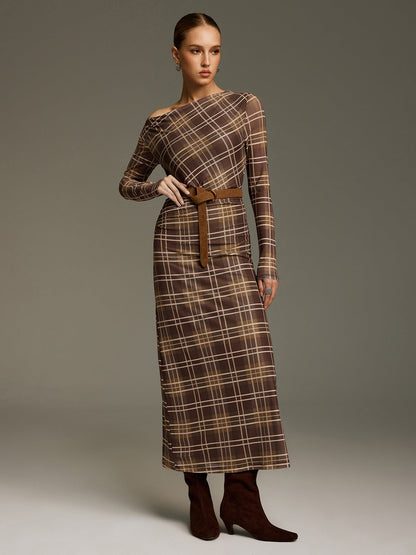 Plaid Mesh Off-Shoulder Maxi Dress without Belt