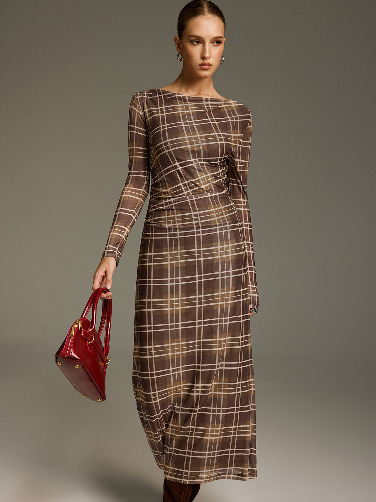 Plaid Mesh Off-Shoulder Maxi Dress without Belt