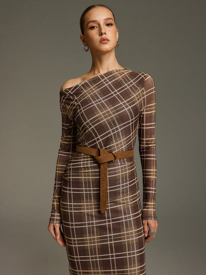 Plaid Mesh Off-Shoulder Maxi Dress without Belt