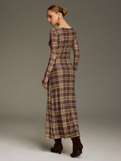 Plaid Mesh Off-Shoulder Maxi Dress without Belt