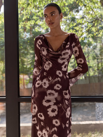 Floral Print Mesh Cowl Neck Maxi Dress