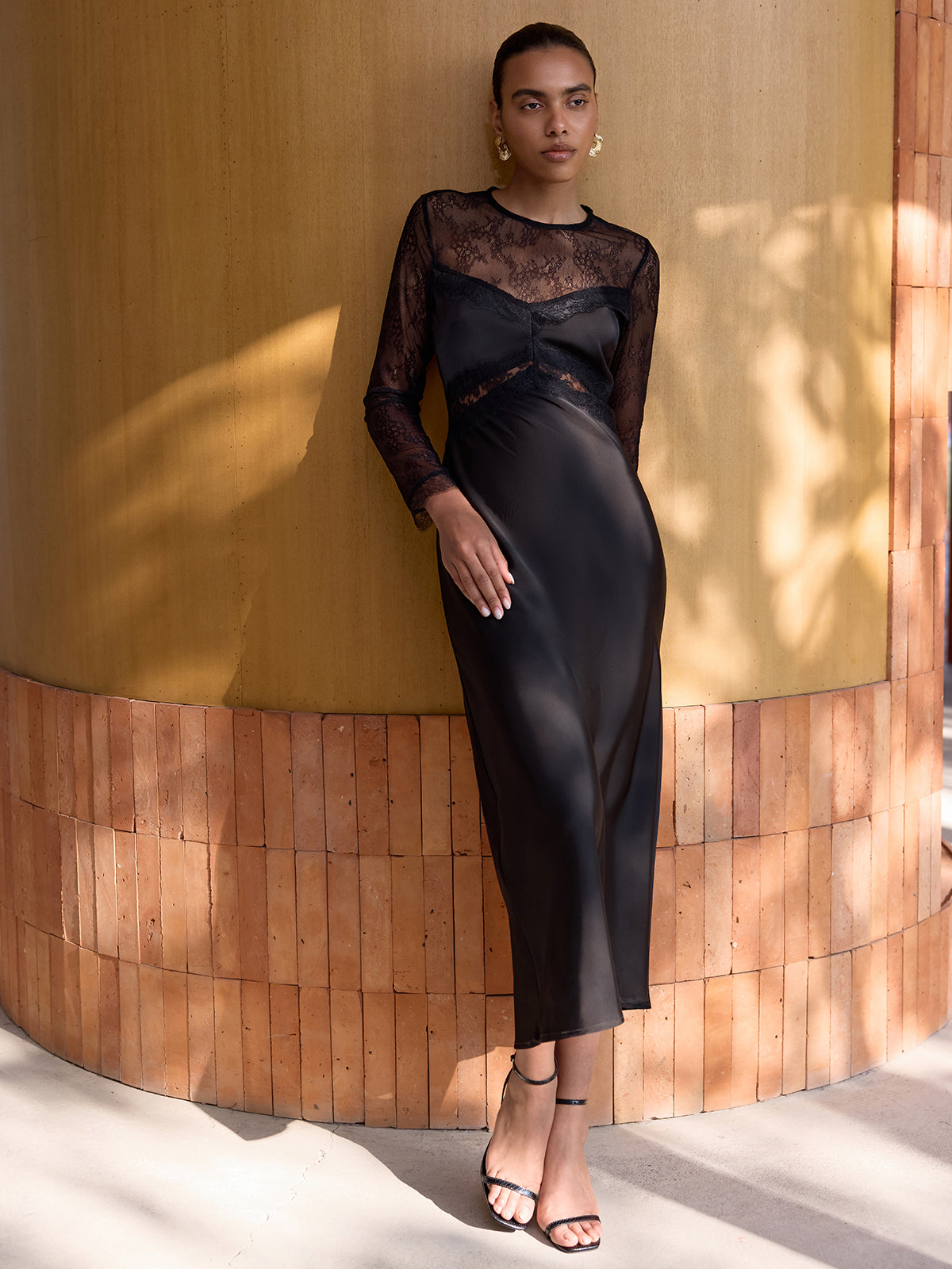 Sheer Lace Panel Satin Midi Dress