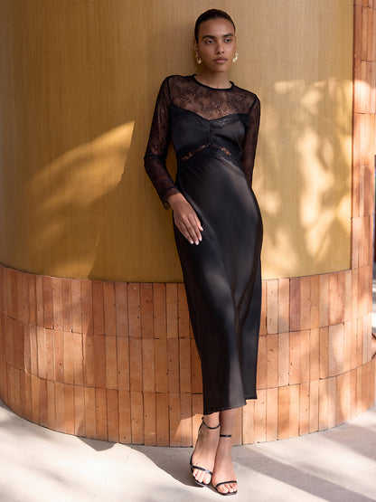 Sheer Lace Panel Satin Midi Dress