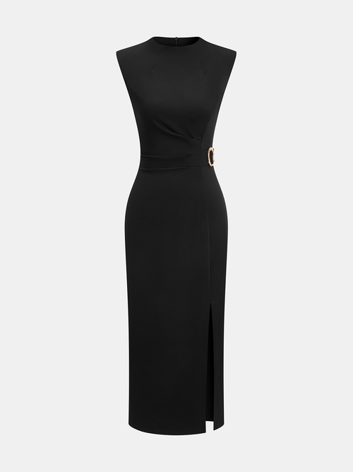 Metal Detail Slit Sleeveless Midi Dress