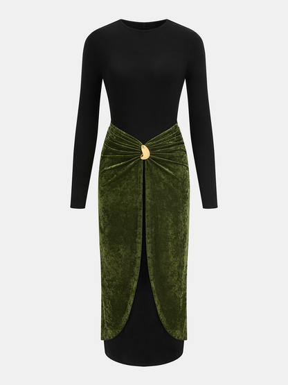 Metal Detail Color-Block Velvet Panel Dress