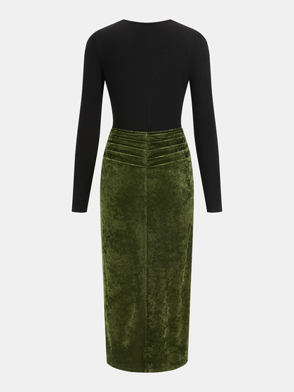 Metal Detail Color-Block Velvet Panel Dress