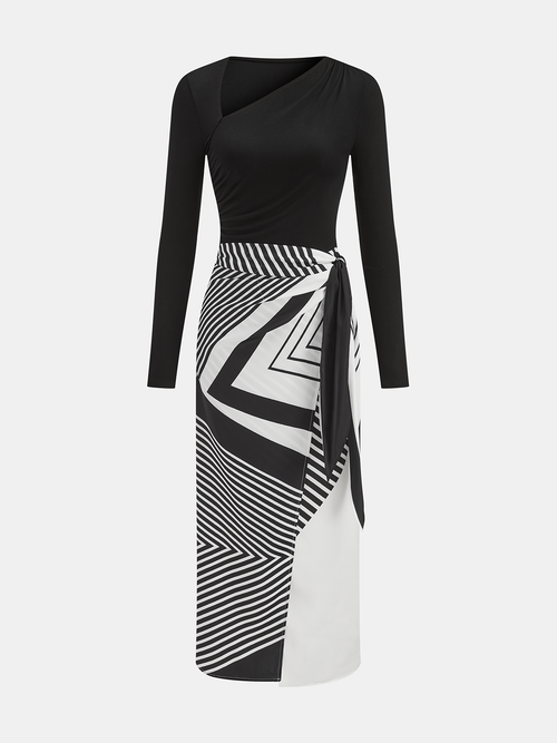 Optical-Illusion Abstract Print Asymmetric Wrap Dress
