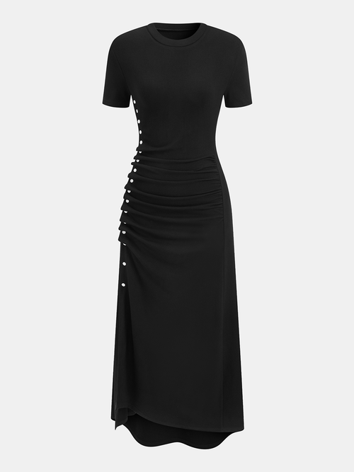Short-Sleeve Ruched Side Button Detail Dress