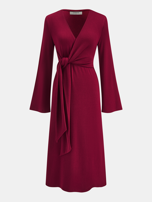 Knot-Waist Bell Sleeve Wrap Midi Dress