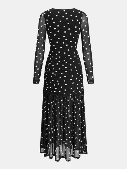 Polka Dot Sheer-Mesh Ruched Maxi Dress