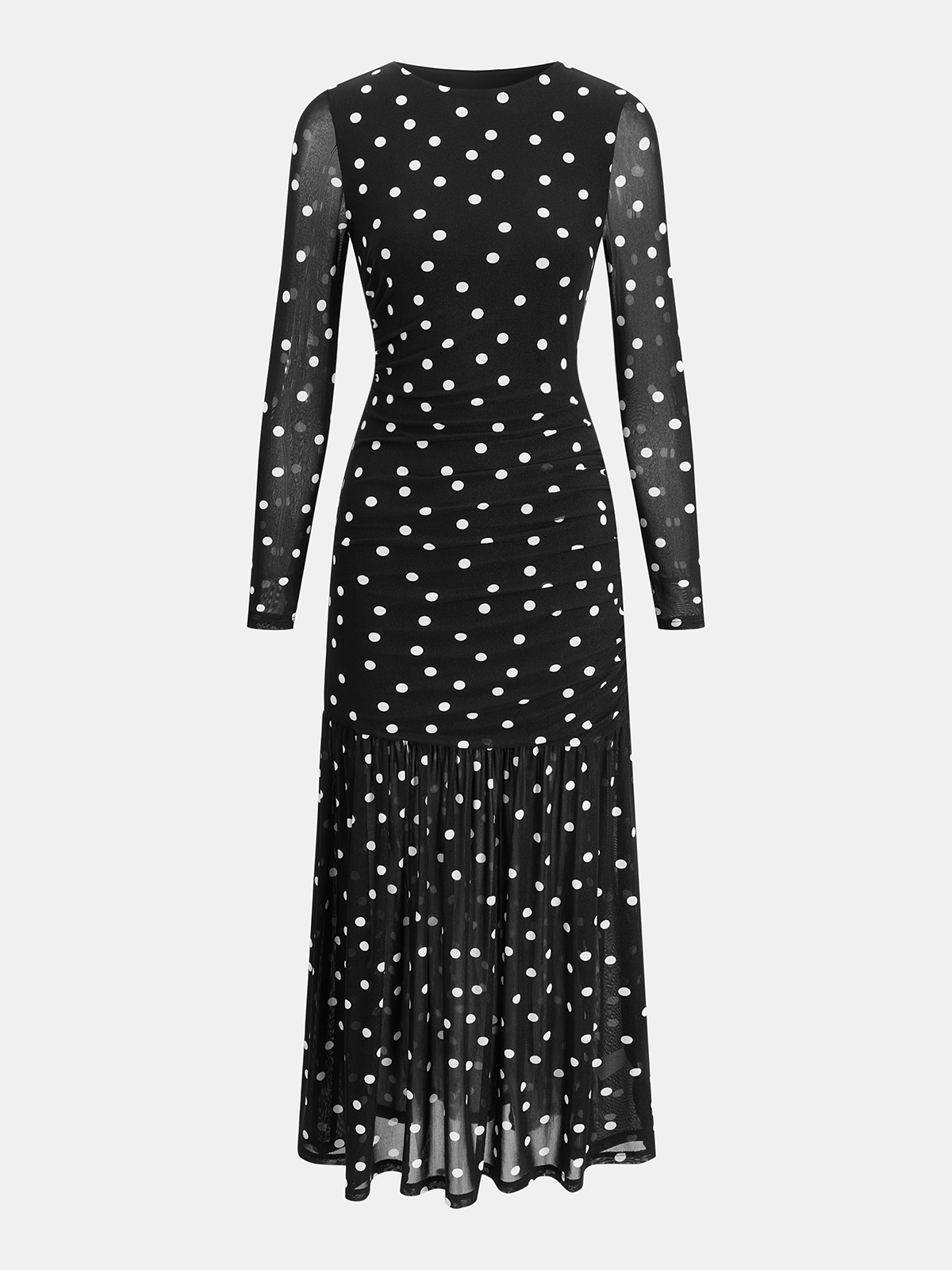Polka Dot Sheer-Mesh Ruched Maxi Dress