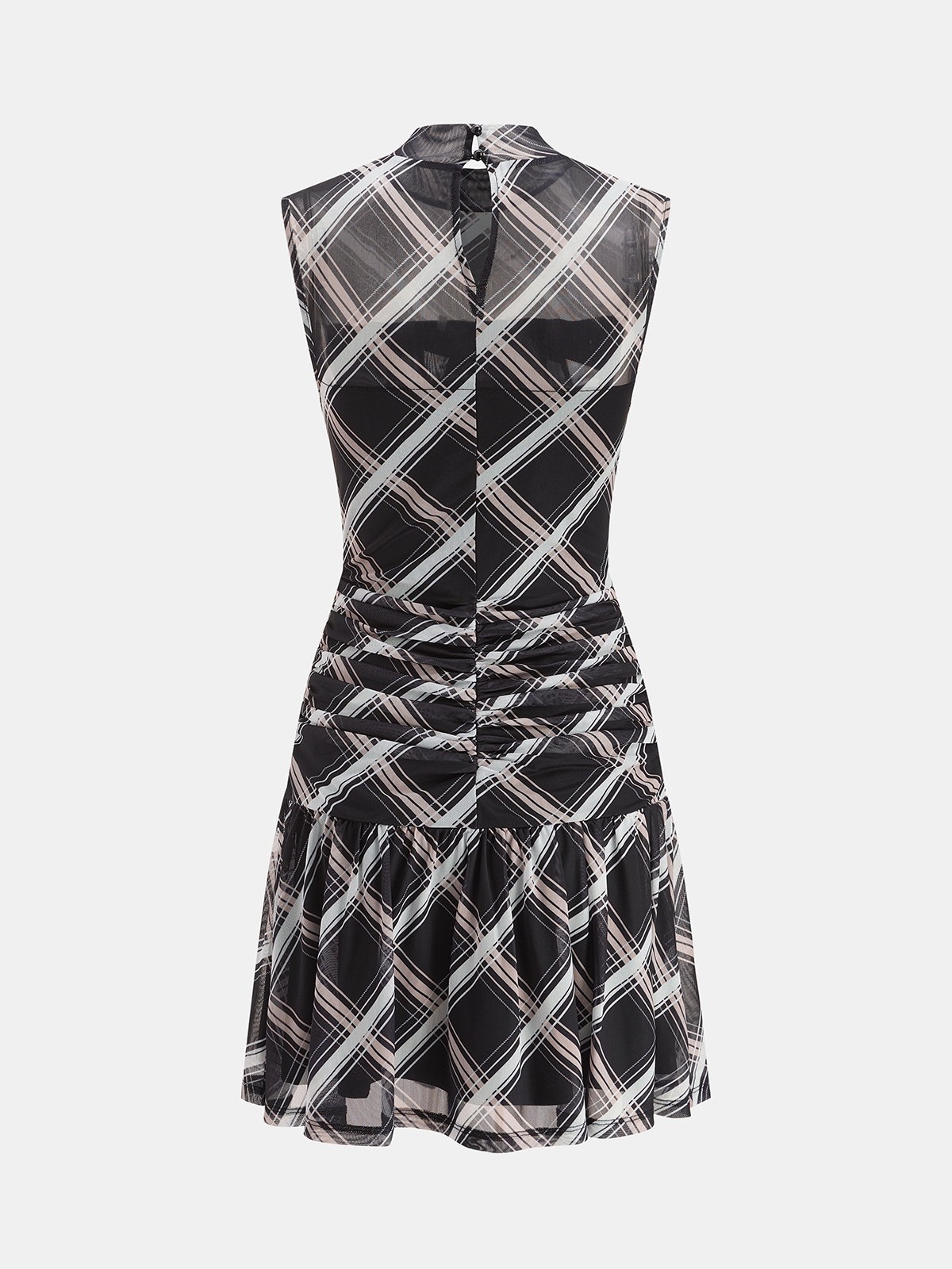Mock Neck Ruffle Sheer Plaid Mini Dress