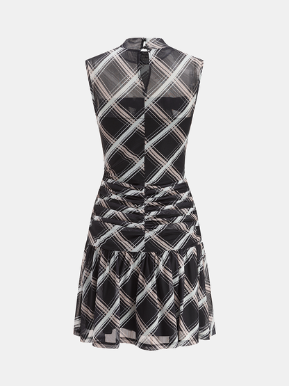 Mock Neck Ruffle Sheer Plaid Mini Dress