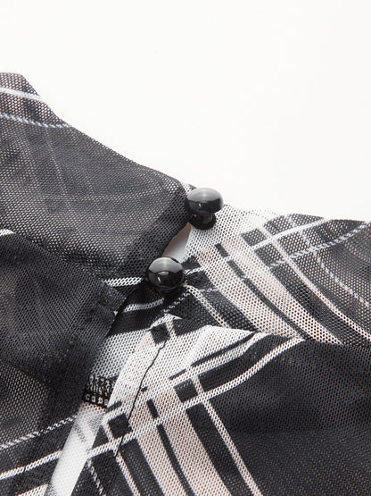 Mock Neck Ruffle Sheer Plaid Mini Dress