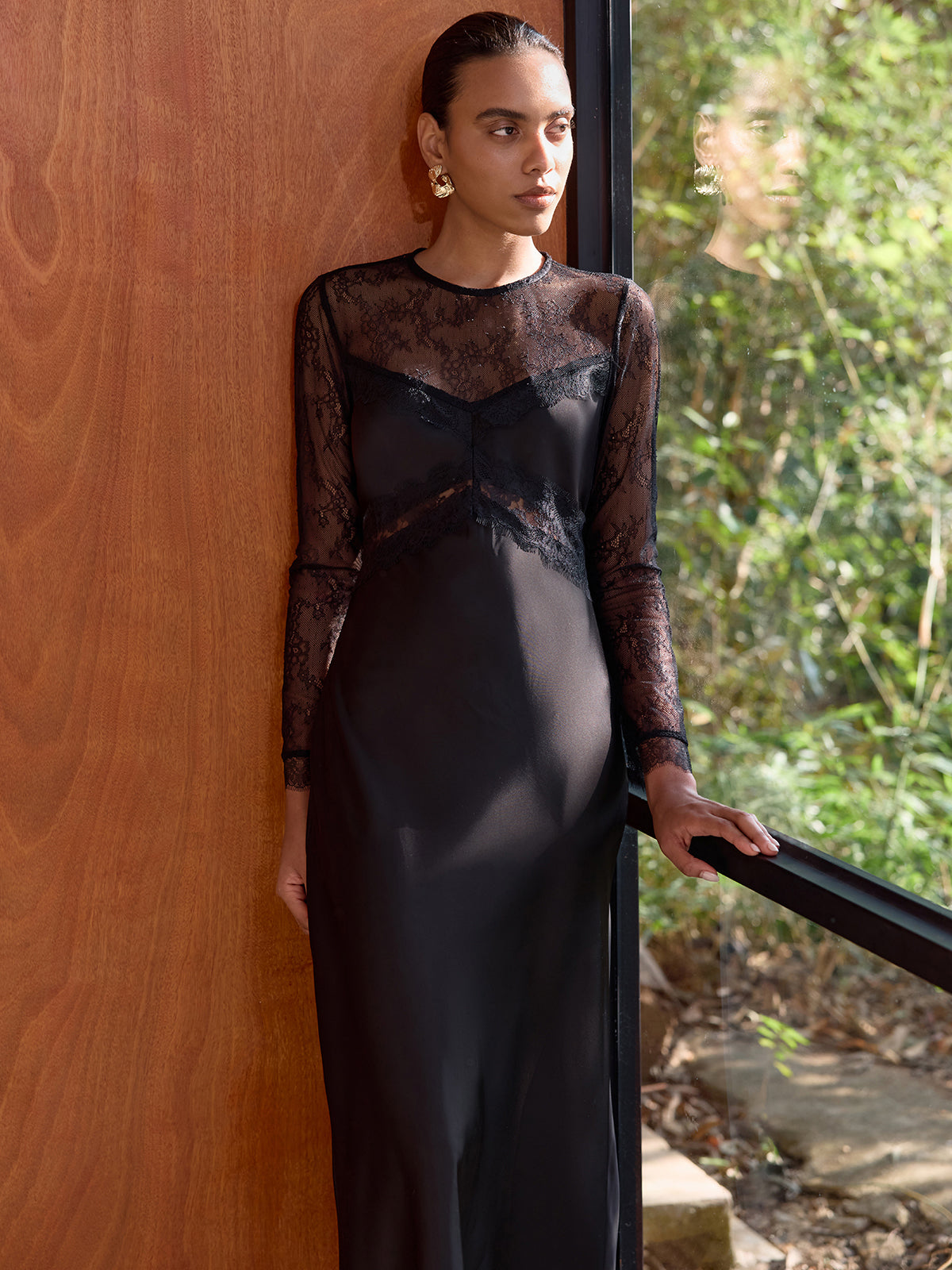 Sheer Lace Panel Satin Midi Dress