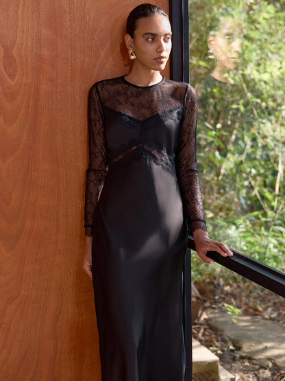 Sheer Lace Panel Satin Midi Dress