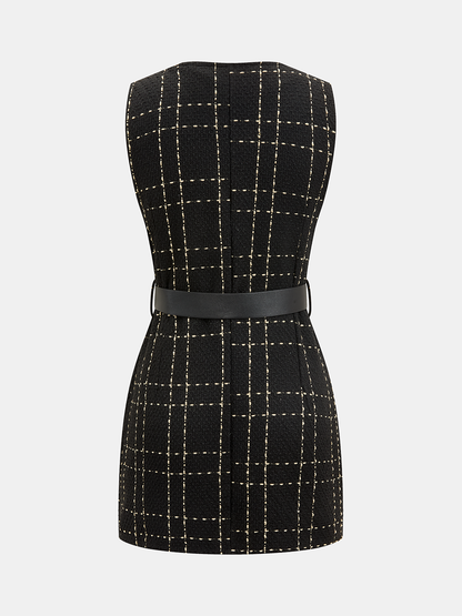 Belted Plaid Tweed Sleeveless Mini Dress