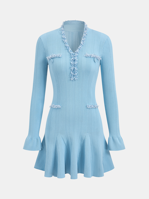 Ruffled Hem Pearl Trim Knit Mini Dress