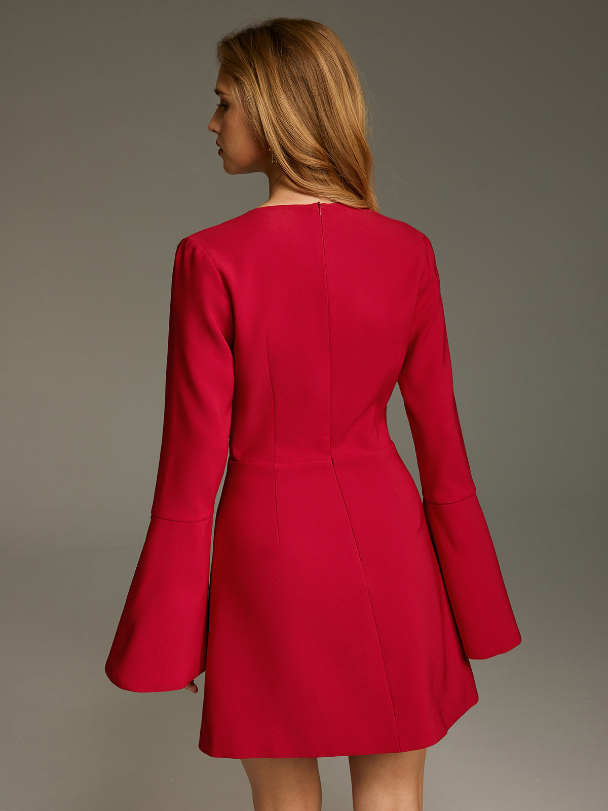Deep V Ruched Bell-Sleeve Mini Dress