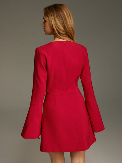 Deep V Ruched Bell-Sleeve Mini Dress
