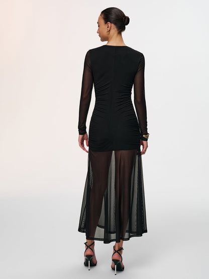 Semi-Sheer Mesh Ruched Keyhole-Neck Dress