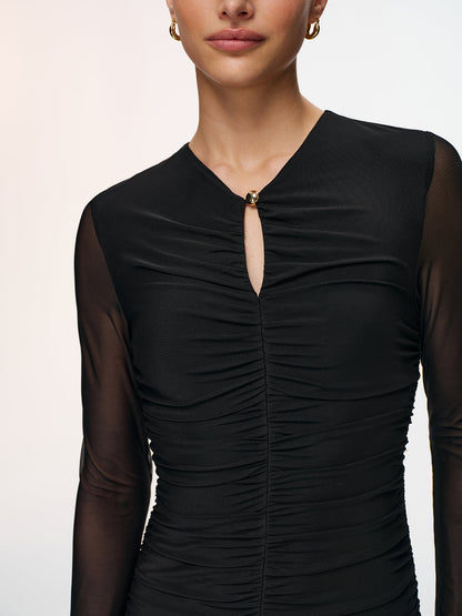 Semi-Sheer Mesh Ruched Keyhole-Neck Dress