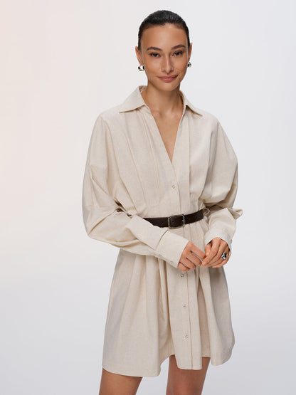 Pleated Cotton-Linen Belted Shirt Dress