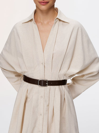 Pleated Cotton-Linen Belted Shirt Dress