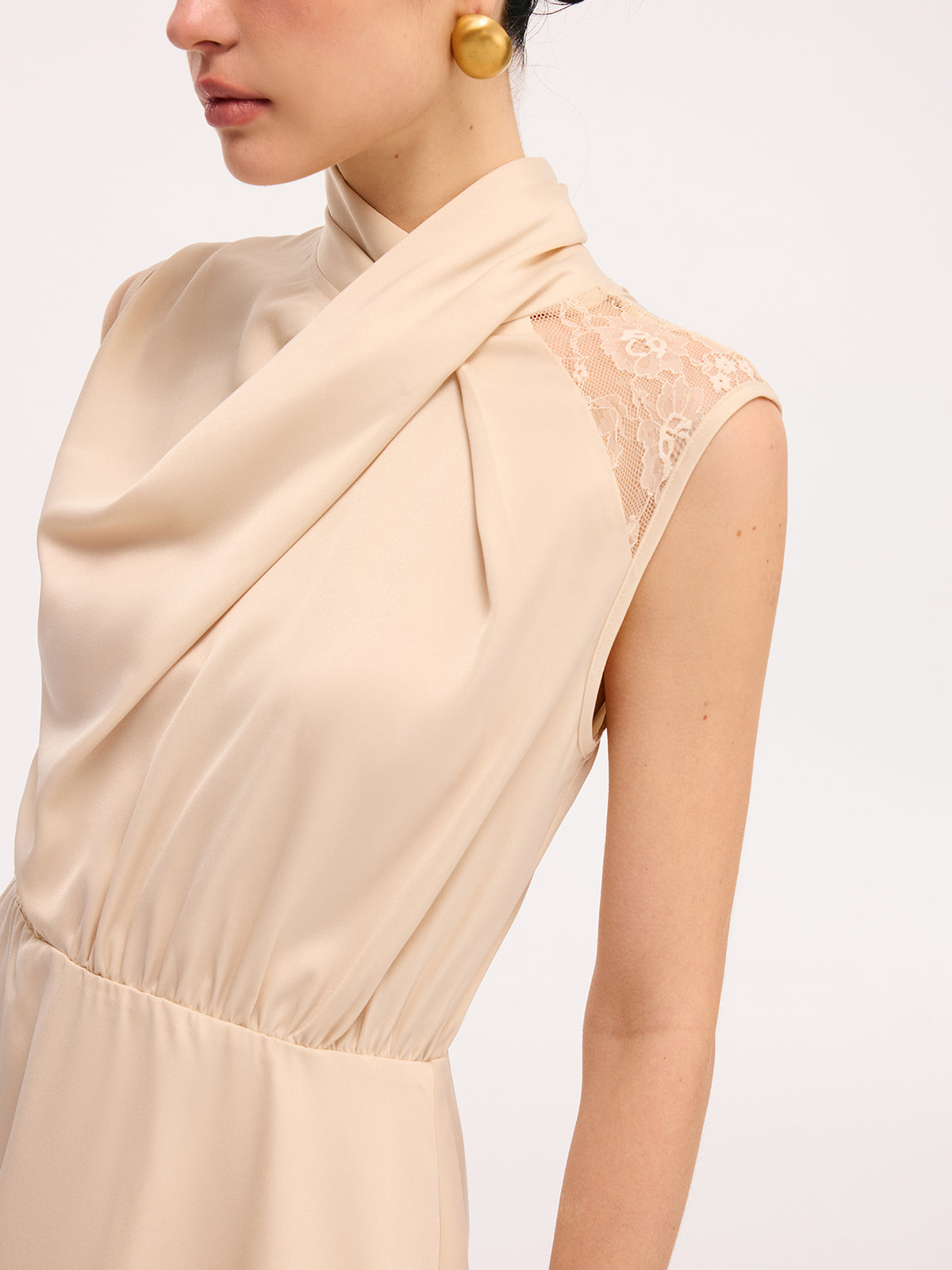 Layered Hem Lace Panel Satin Dress without Belt