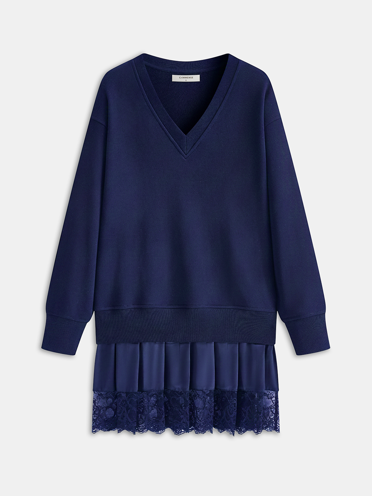 Pleated Hem Lace-Trimmed Sweatshirt Dress
