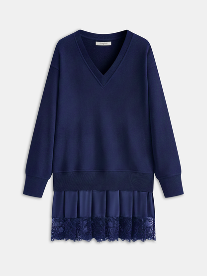 Pleated Hem Lace-Trimmed Sweatshirt Dress