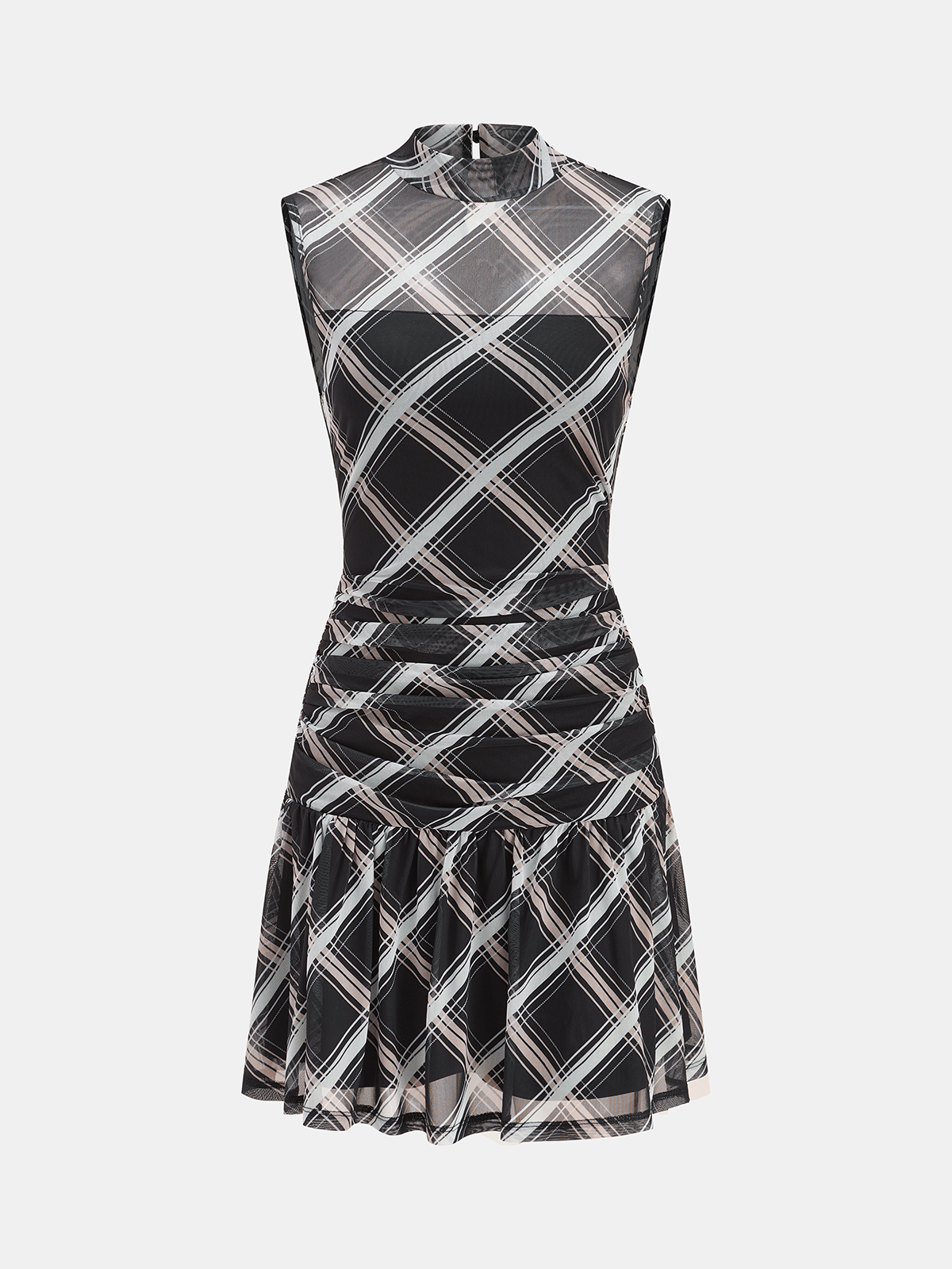 Mock Neck Ruffle Sheer Plaid Mini Dress