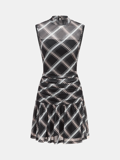 Mock Neck Ruffle Sheer Plaid Mini Dress