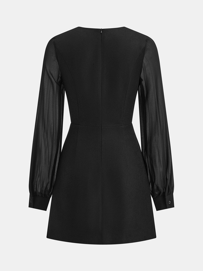 Sheer Sleeve Metal Detail Tweed Mini Dress