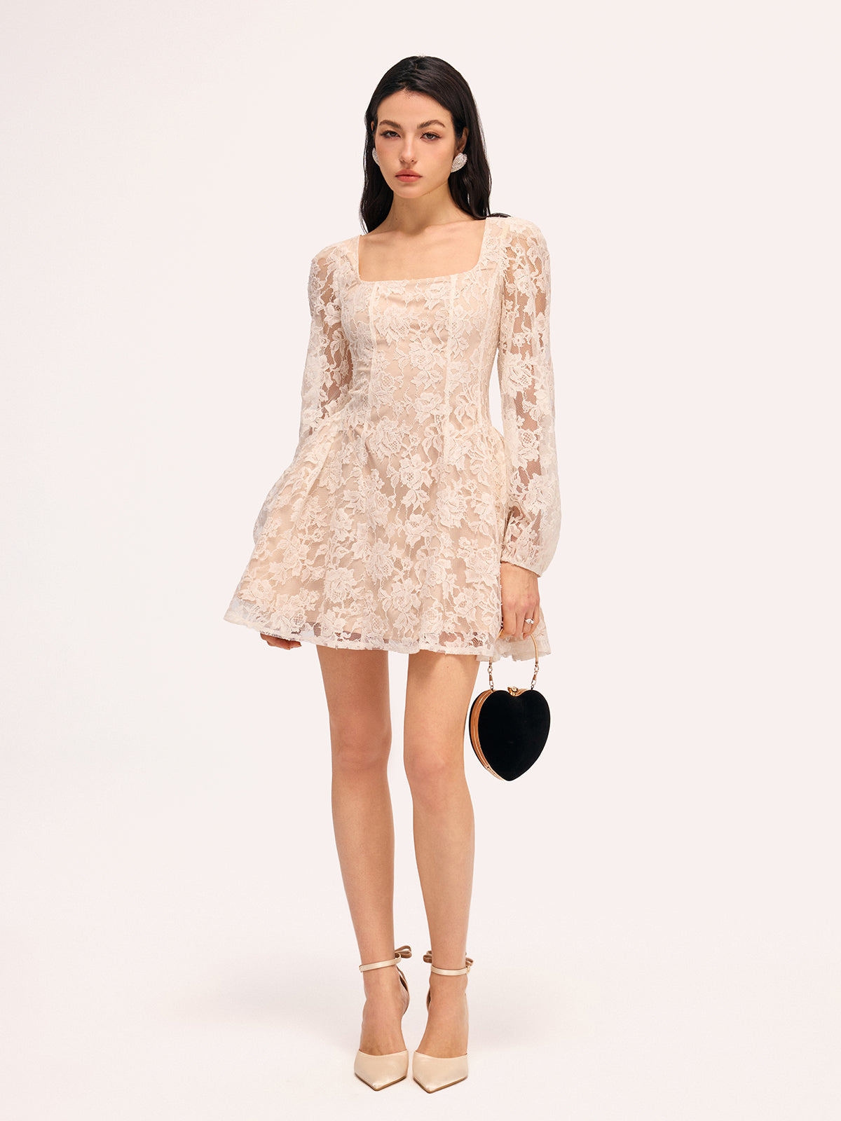 Semi-Sheer Floral Lace Square Neck Mini Dress