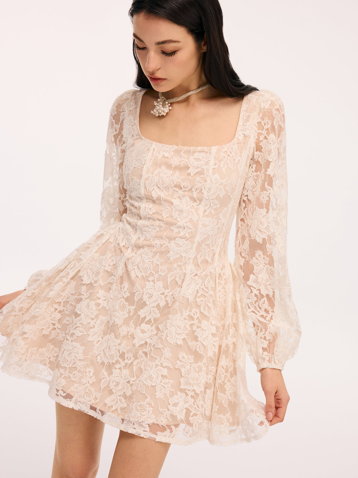 Semi-Sheer Floral Lace Square Neck Mini Dress