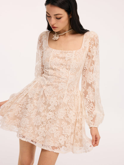 Semi-Sheer Floral Lace Square Neck Mini Dress