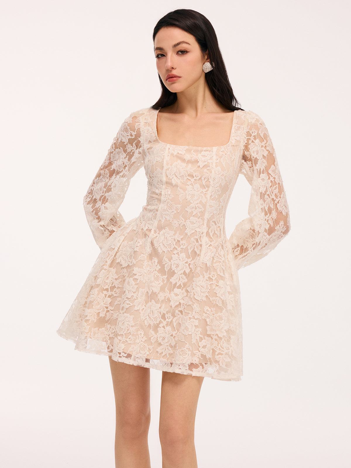 Semi-Sheer Floral Lace Square Neck Mini Dress