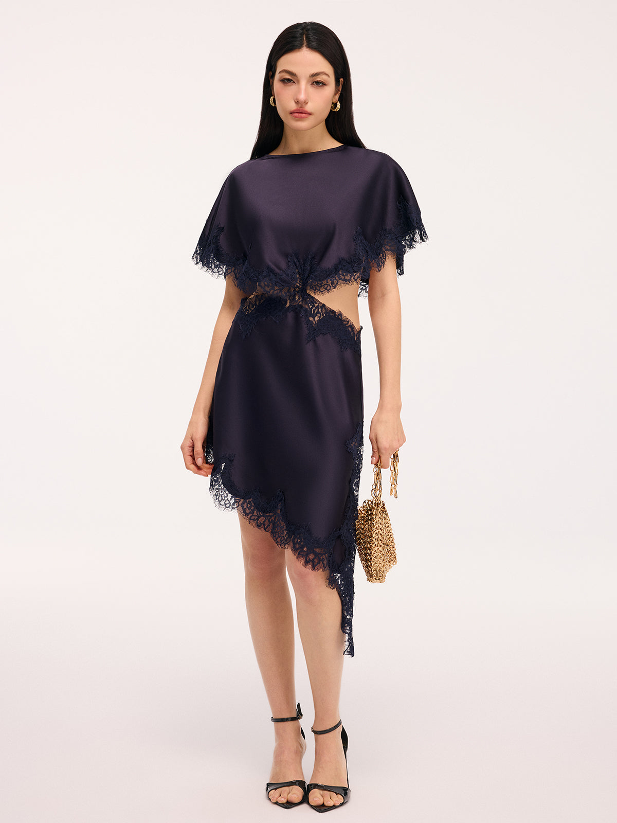 Lace Trim Satin Cut-Out Capelet Mini Dress
