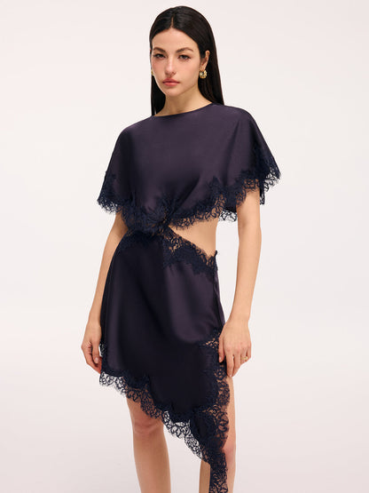Lace Trim Satin Cut-Out Capelet Mini Dress