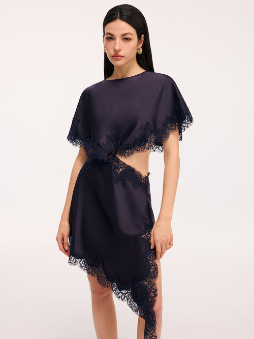 Lace Trim Satin Cut-Out Capelet Mini Dress