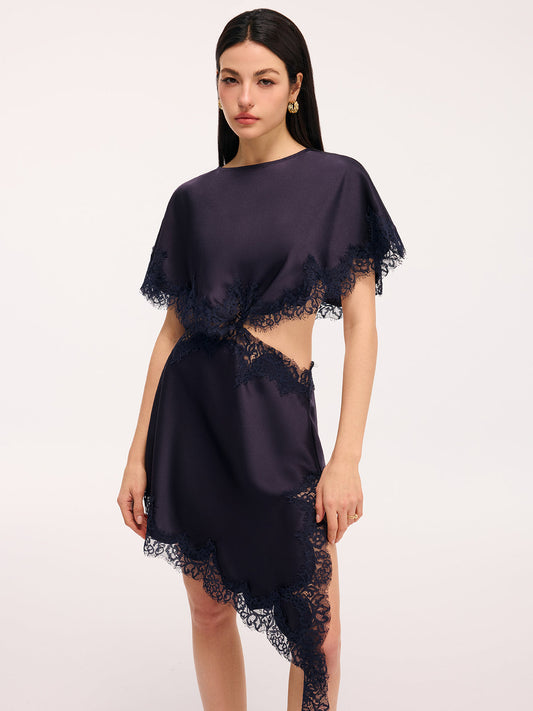 Lace Trim Satin Cut-Out Capelet Mini Dress
